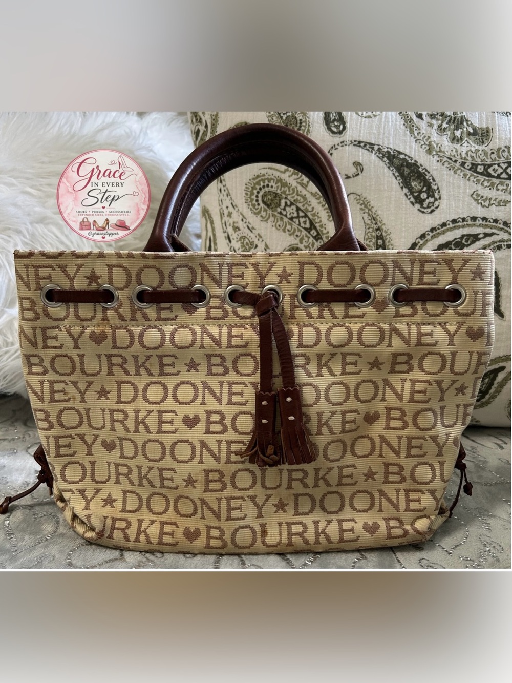 NEW  & Bourke Small Tassle Tan and Brown Logo Jacquard Tote with Leather Trim